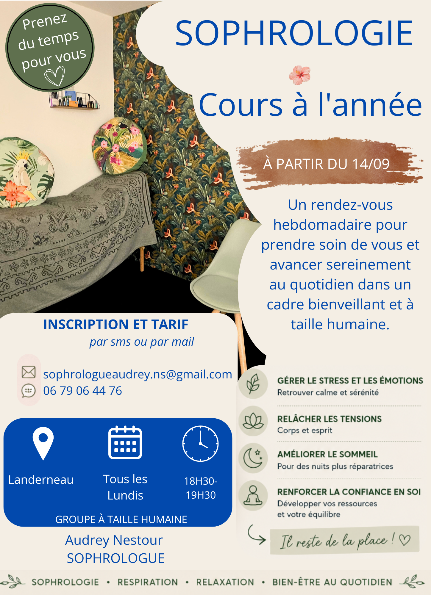 Cours de sophrologie &agrave; Landerneau &ndash; Saison 2026/2027 anim&eacute; par Audrey Nestour.