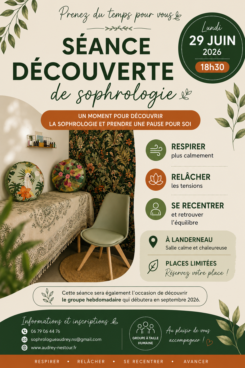 Cabinet de sophrologie à Landerneau – espace d’accompagnement et de relaxation animé par Audrey Nestour.